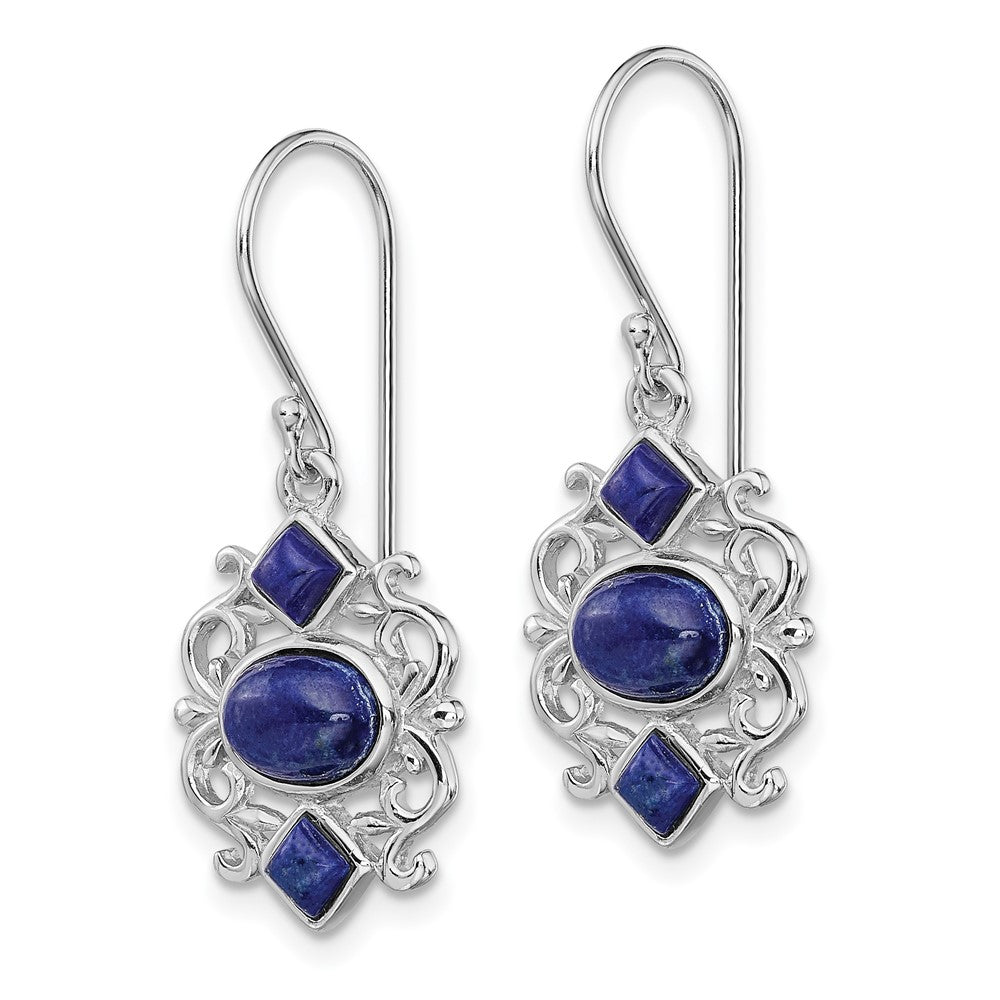 QE12880 Sterling Silver Rhodium-plated Polished Filigree Lapis Dangle Earrings