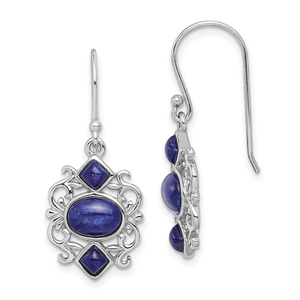 QE12880 Sterling Silver Rhodium-plated Polished Filigree Lapis Dangle Earrings