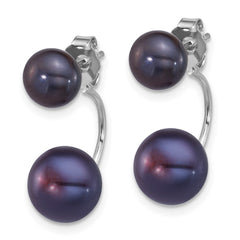 QE12888WB Sterling Silver Rhodium-plated 5-6mm and 8-9mm Black Button Freshwater Cultured Pearl Front and Back Post Dangle Earrings