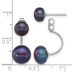 QE12888WB Sterling Silver Rhodium-plated 5-6mm and 8-9mm Black Button Freshwater Cultured Pearl Front and Back Post Dangle Earrings