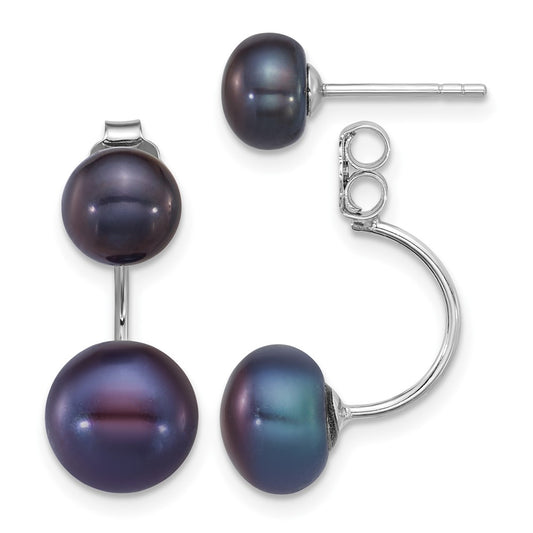 QE12888WB Sterling Silver Rhodium-plated 5-6mm and 8-9mm Black Button Freshwater Cultured Pearl Front and Back Post Dangle Earrings