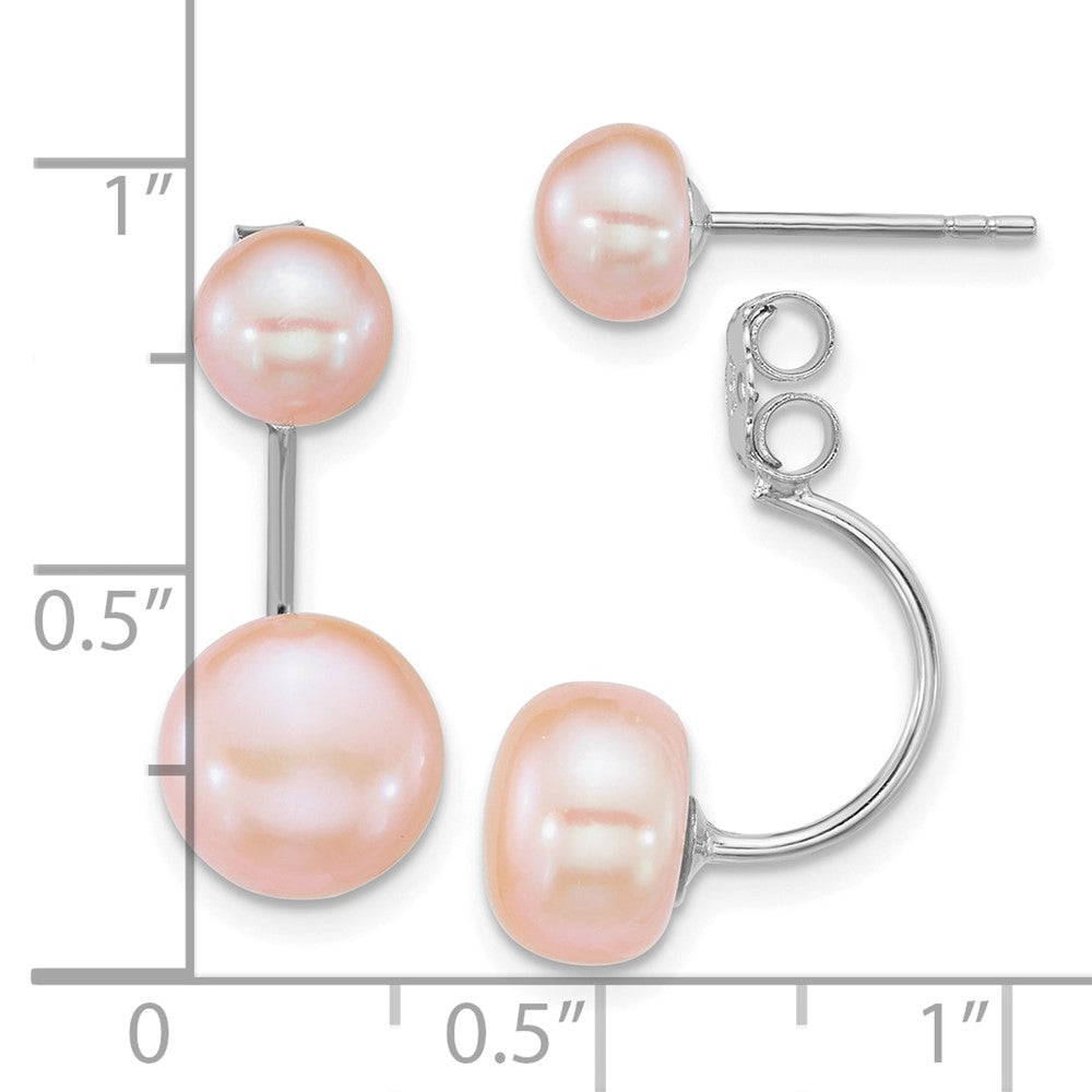 QE12888WP Sterling Silver Rhodium-plated 5-6mm and 8-9mm Pink Button Freshwater Cultured Pearl Front and Back Post Dangle Earrings