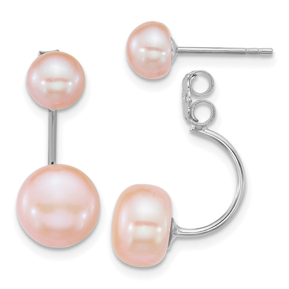 QE12888WP Sterling Silver Rhodium-plated 5-6mm and 8-9mm Pink Button Freshwater Cultured Pearl Front and Back Post Dangle Earrings