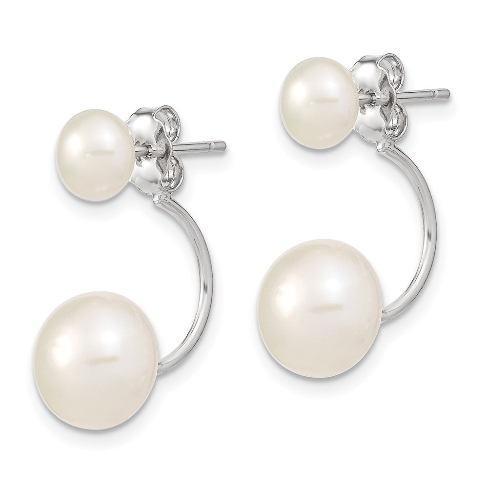 QE12888WW Sterling Silver Rhodium-plated 5-6mm and 8-9mm White Button Freshwater Cultured Pearl Front and Back Post Dangle Earrings