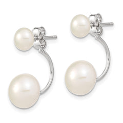 QE12888WW Sterling Silver Rhodium-plated 5-6mm and 8-9mm White Button Freshwater Cultured Pearl Front and Back Post Dangle Earrings