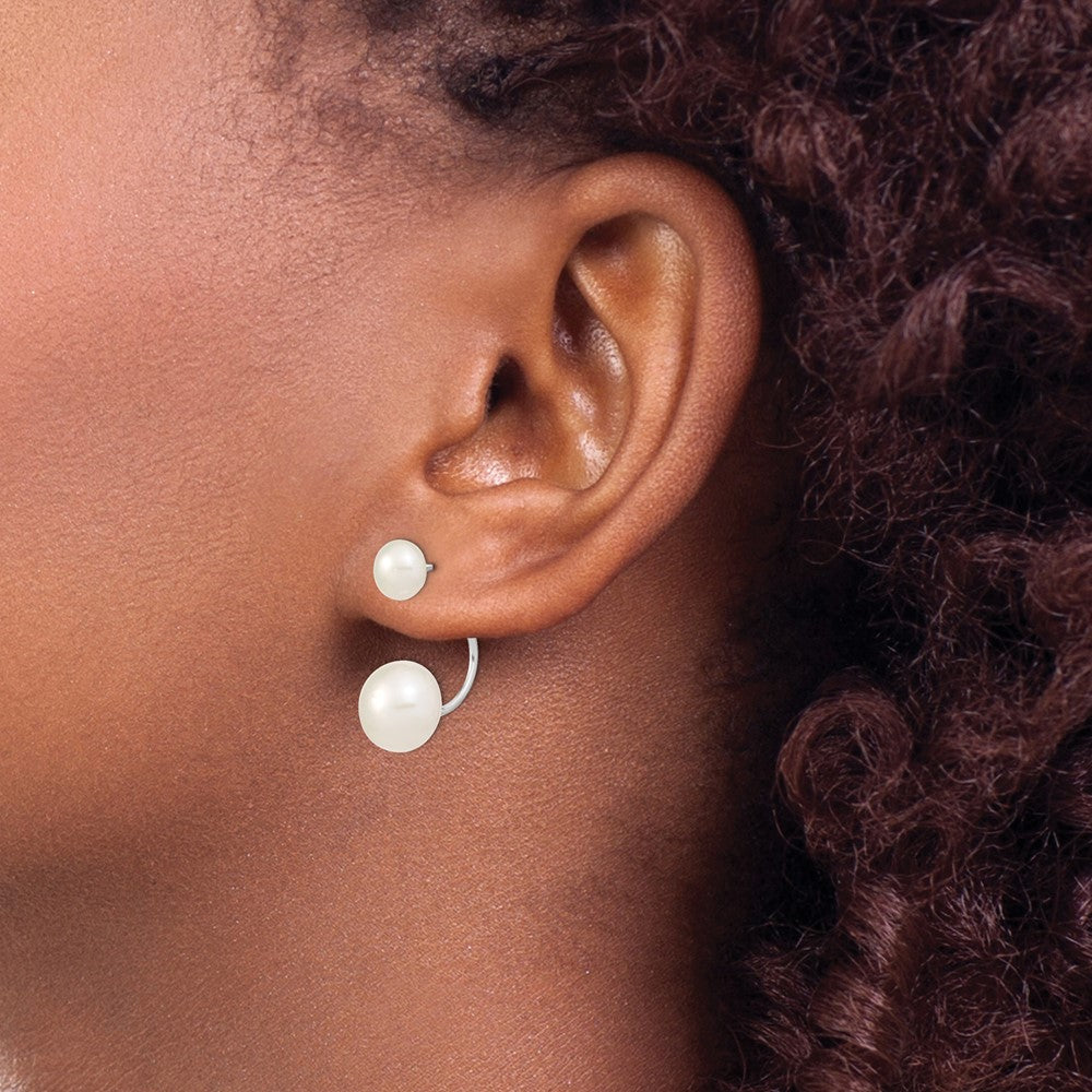 QE12888WW Sterling Silver Rhodium-plated 5-6mm and 8-9mm White Button Freshwater Cultured Pearl Front and Back Post Dangle Earrings