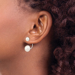 QE12888WW Sterling Silver Rhodium-plated 5-6mm and 8-9mm White Button Freshwater Cultured Pearl Front and Back Post Dangle Earrings