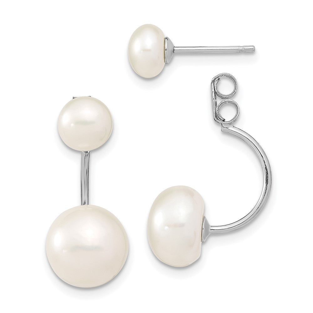 QE12888WW Sterling Silver Rhodium-plated 5-6mm and 8-9mm White Button Freshwater Cultured Pearl Front and Back Post Dangle Earrings