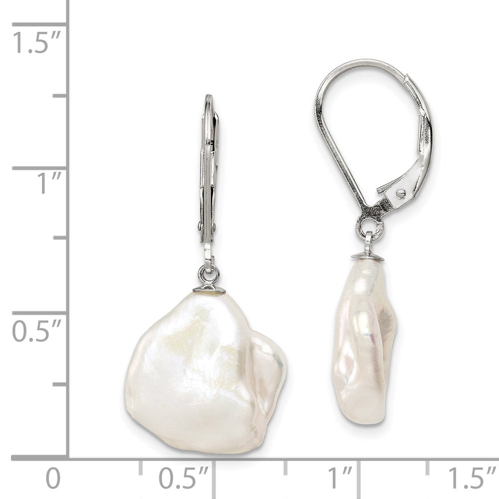 QE12889W Sterling Silver Rhodium-plated 13-15mm White Keshi Freshwater Cultured Pearl Leverback Dangle Earrings