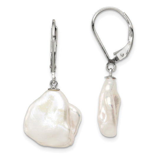QE12889W Sterling Silver Rhodium-plated 13-15mm White Keshi Freshwater Cultured Pearl Leverback Dangle Earrings