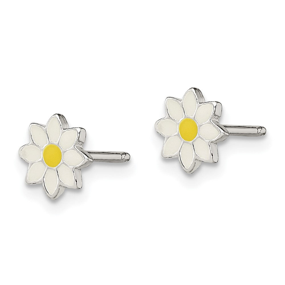 QE12897 Sterling Silver Polished Yellow & White Enameled Flower Children's Post Earrings