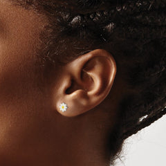 QE12897 Sterling Silver Polished Yellow & White Enameled Flower Children's Post Earrings