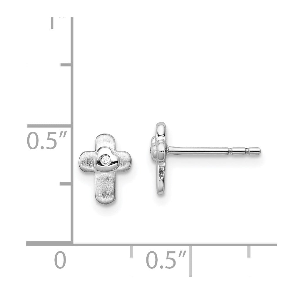 QE12898 Sterling Silver Rhodium-plated Polished CZ Cross Children's Post Earrings