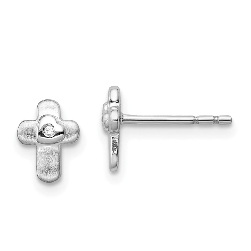 QE12898 Sterling Silver Rhodium-plated Polished CZ Cross Children's Post Earrings