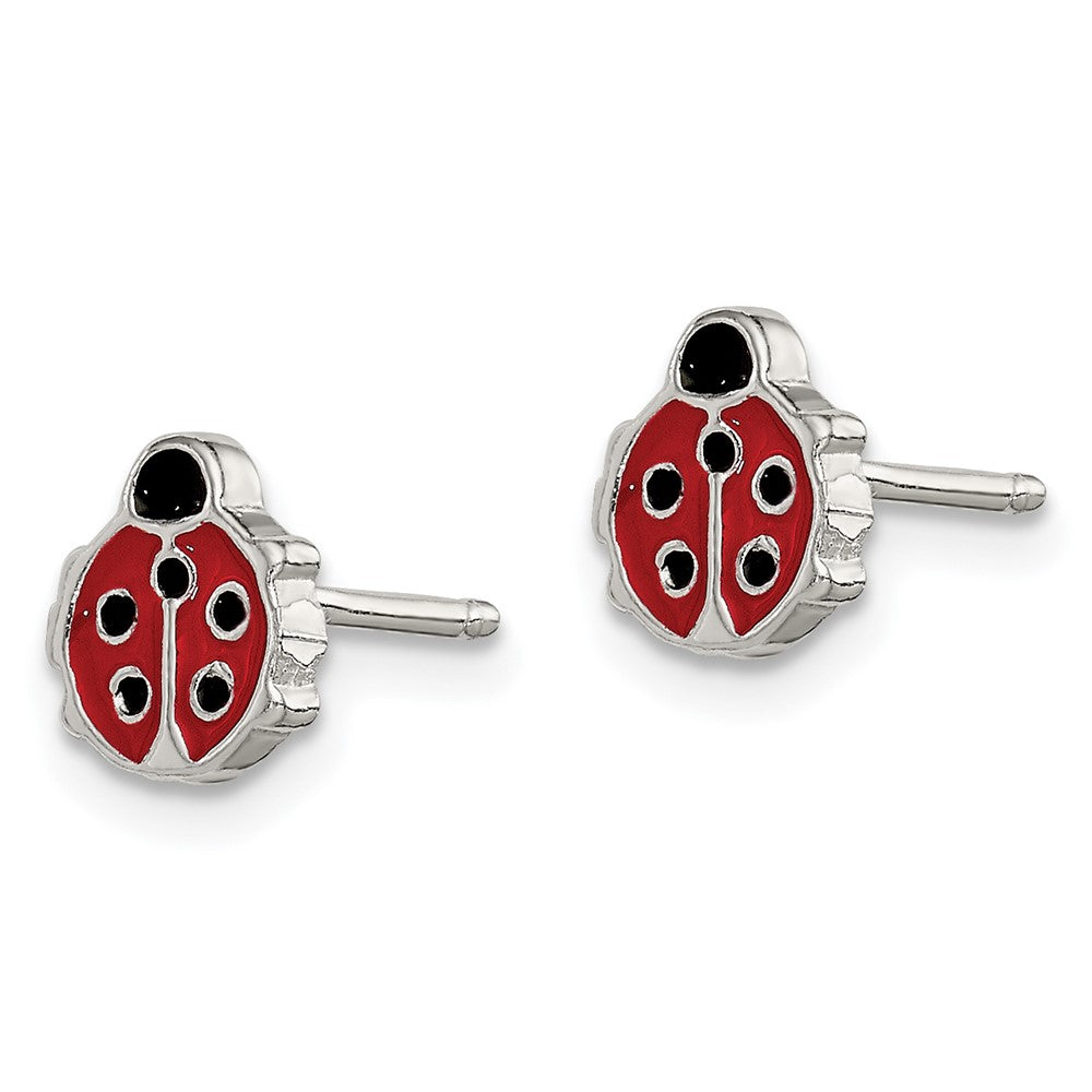 QE12906 Sterling Silver Polished & Enameled Ladybug Children's Post Earrings