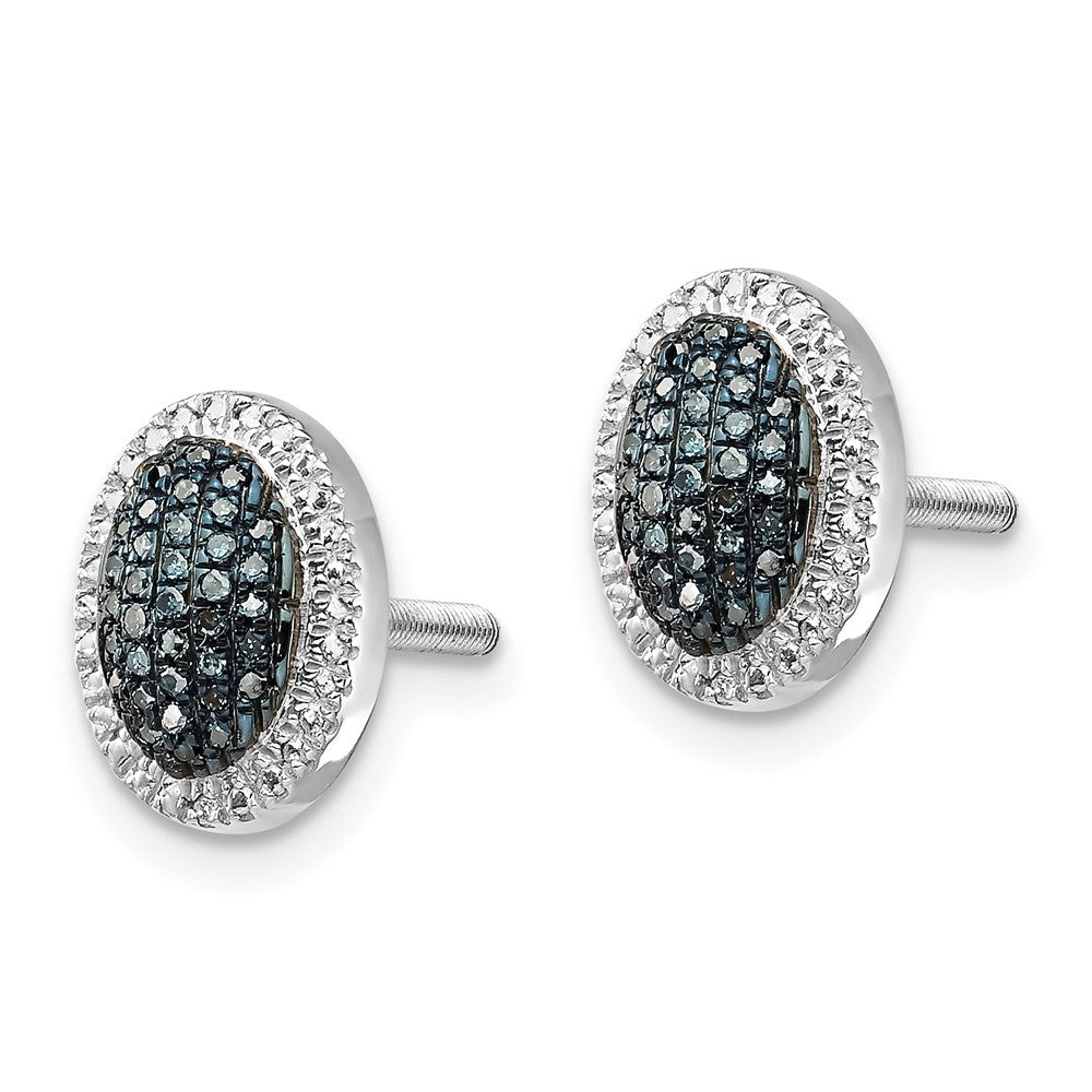 QE12916 White Night Sterling Silver Rhodium-plated Blue Diamond Oval Screwback Post Earrings