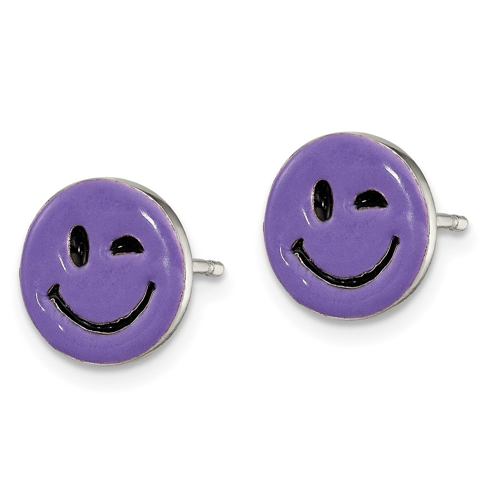 QE12919 Sterling Silver Purple Enamel Winking Smiley Face Post Earrings