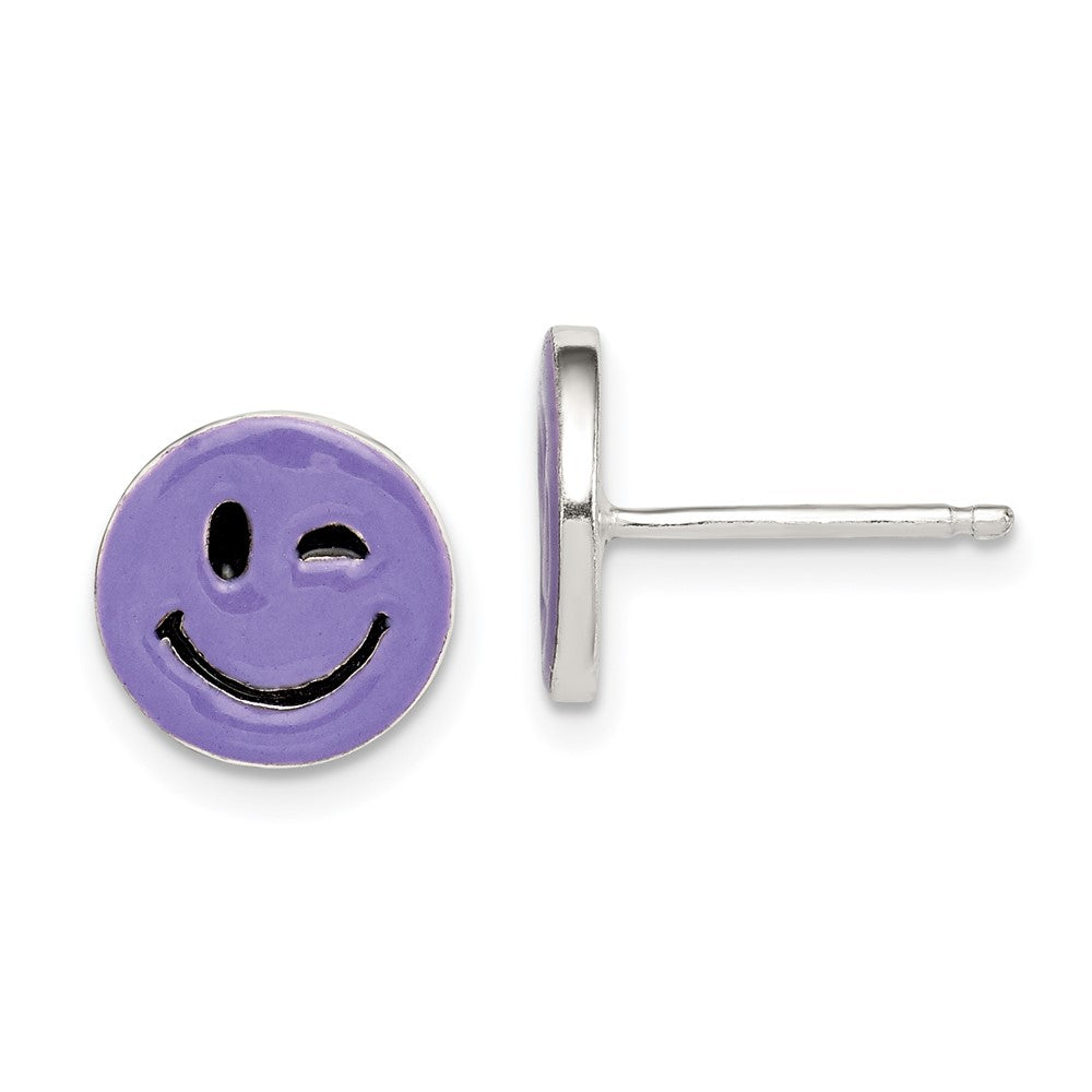 QE12919 Sterling Silver Purple Enamel Winking Smiley Face Post Earrings