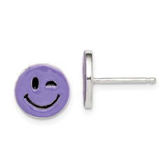 QE12919 Sterling Silver Purple Enamel Winking Smiley Face Post Earrings