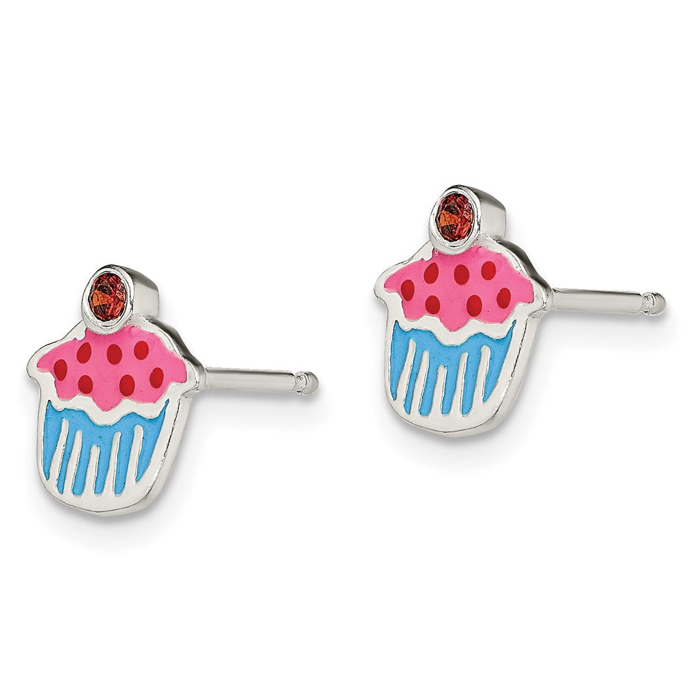 QE12922 Sterling Silver Polished Enamel Garnet Cupcake Childs Post Earrings