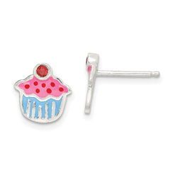 QE12922 Sterling Silver Polished Enamel Garnet Cupcake Childs Post Earrings