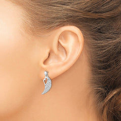 QE12939 Sterling Silver Rhodium-plated Polished & Textured CZ Open Heart Wings Post Dangle Earrings