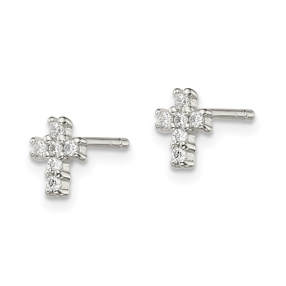 QE12948 Sterling Silver Rhodium-plated Polished CZ Cross Post Earrings