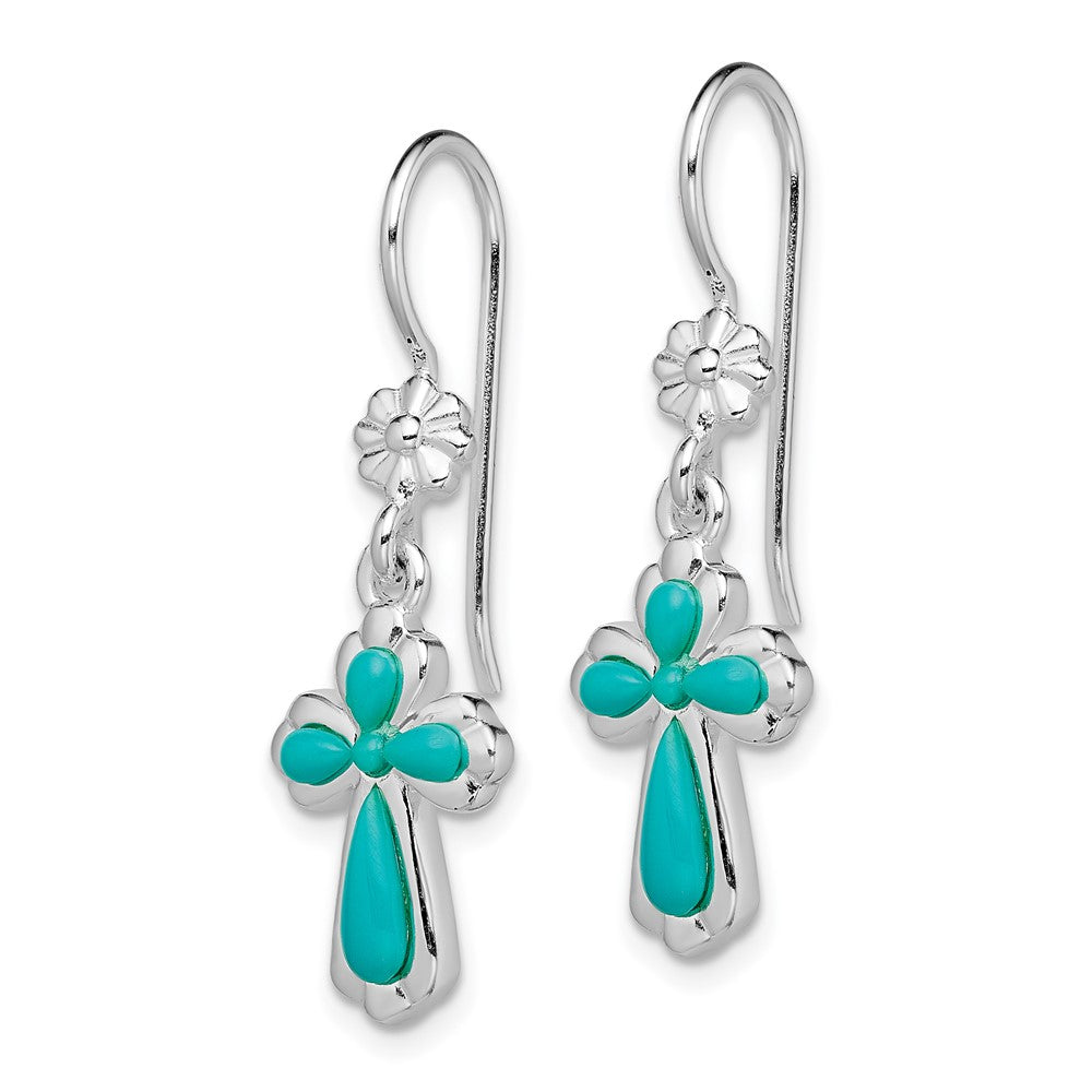 QE12950 Sterling Silver Rhodium-plated Polished Imitation Turquoise Cross & Flower Dangle Earrings