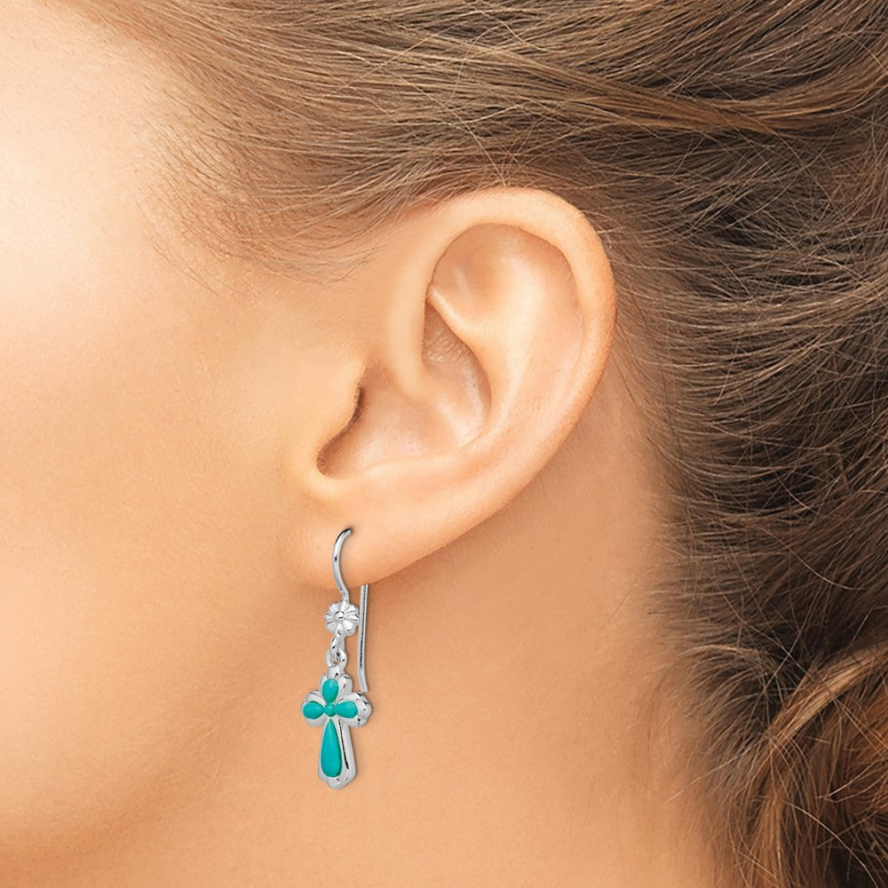 QE12950 Sterling Silver Rhodium-plated Polished Imitation Turquoise Cross & Flower Dangle Earrings