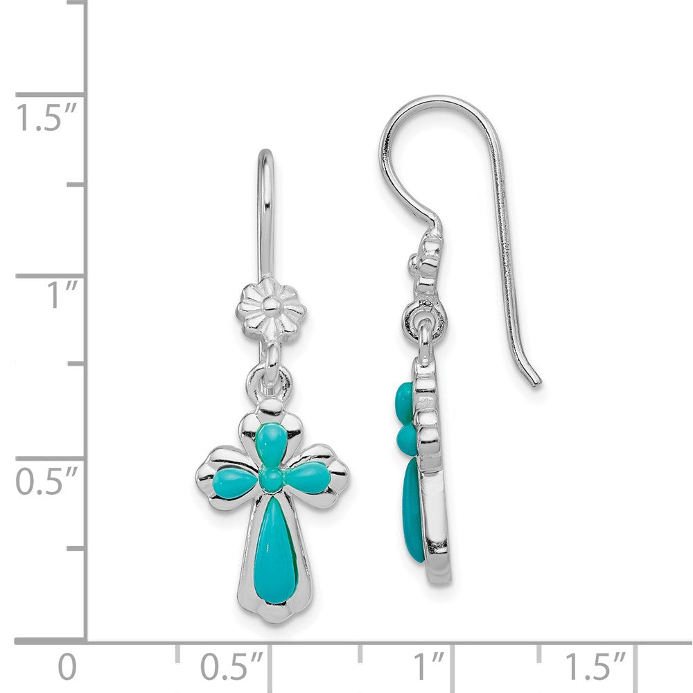 QE12950 Sterling Silver Rhodium-plated Polished Imitation Turquoise Cross & Flower Dangle Earrings