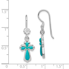 QE12950 Sterling Silver Rhodium-plated Polished Imitation Turquoise Cross & Flower Dangle Earrings