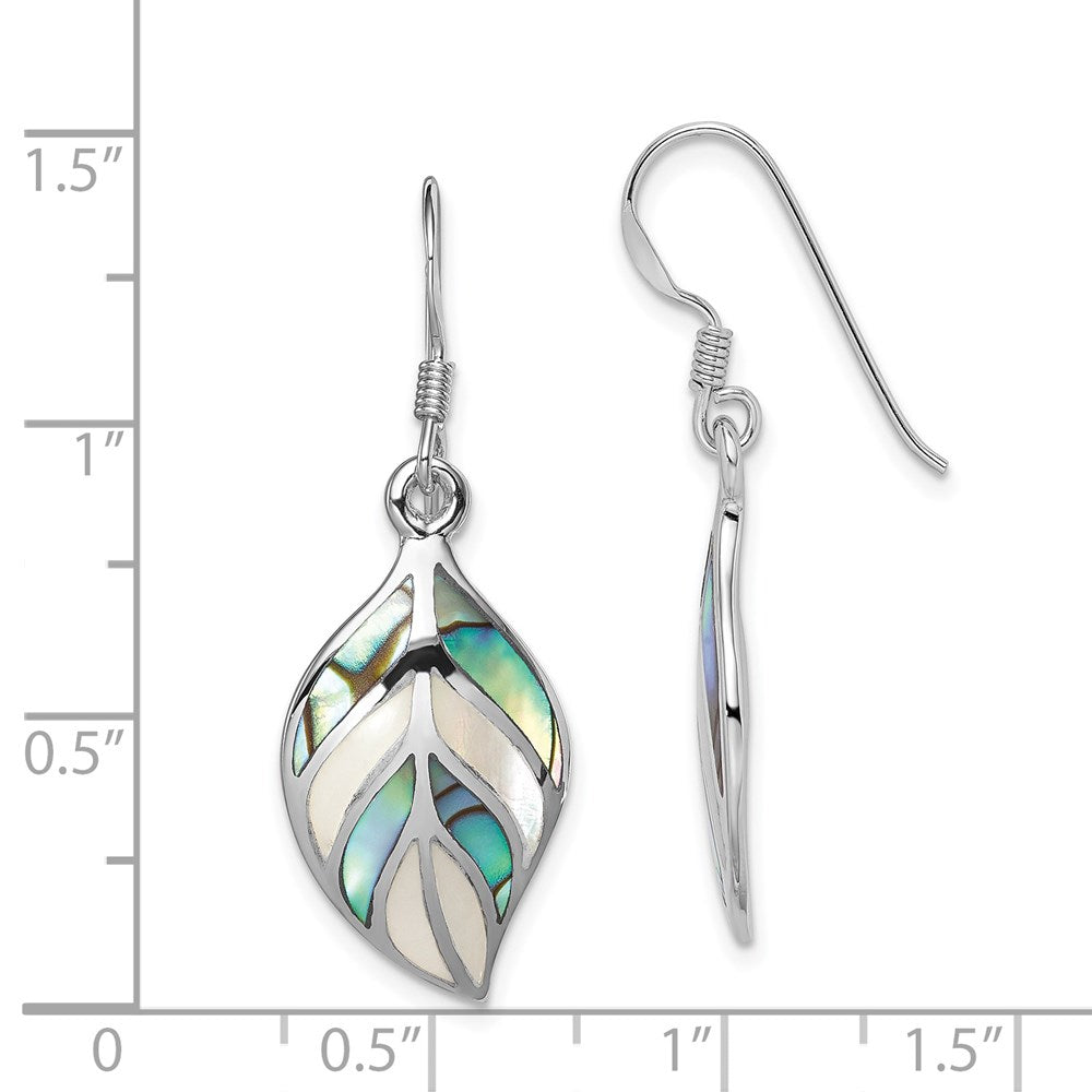 QE12958 Sterling Silver Rhodium Leaf MOP and Abalone Dangle Earrings