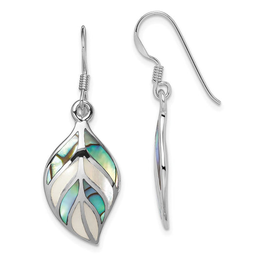 QE12958 Sterling Silver Rhodium Leaf MOP and Abalone Dangle Earrings