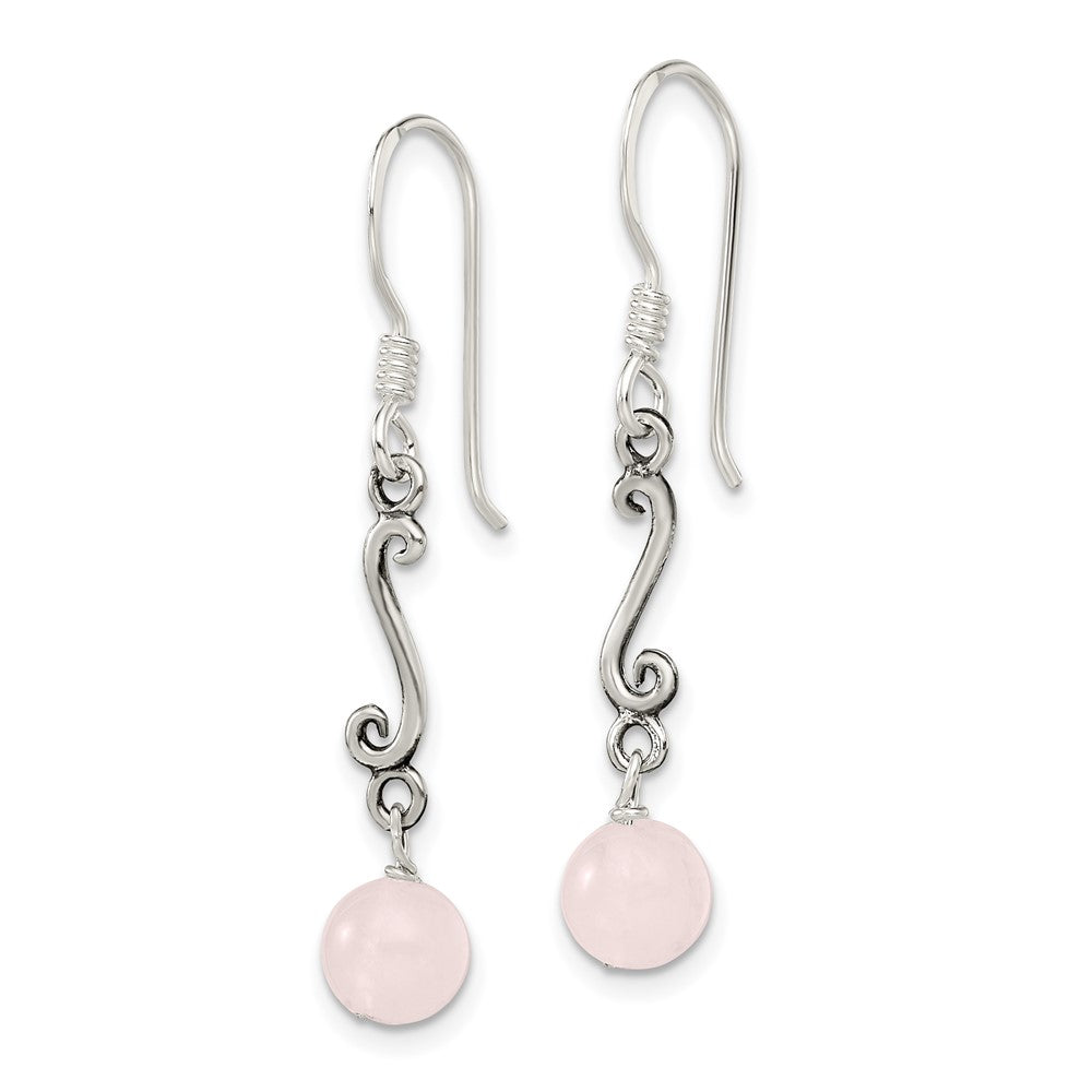 QE1296 Sterling Silver Polished & Antiqued Rose Quartz Swirl Dangle Earrings