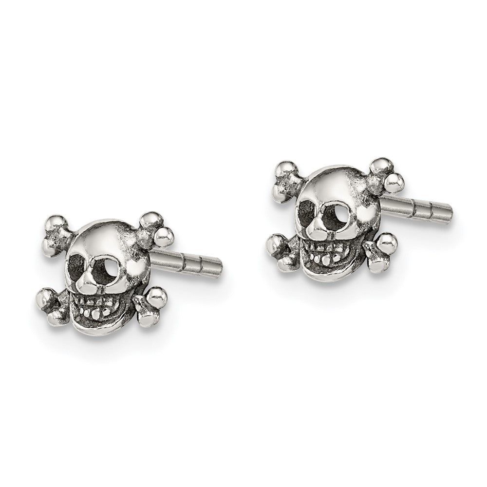 QE12962 Sterling Silver Polished and Antiqued Skull Post Earrings