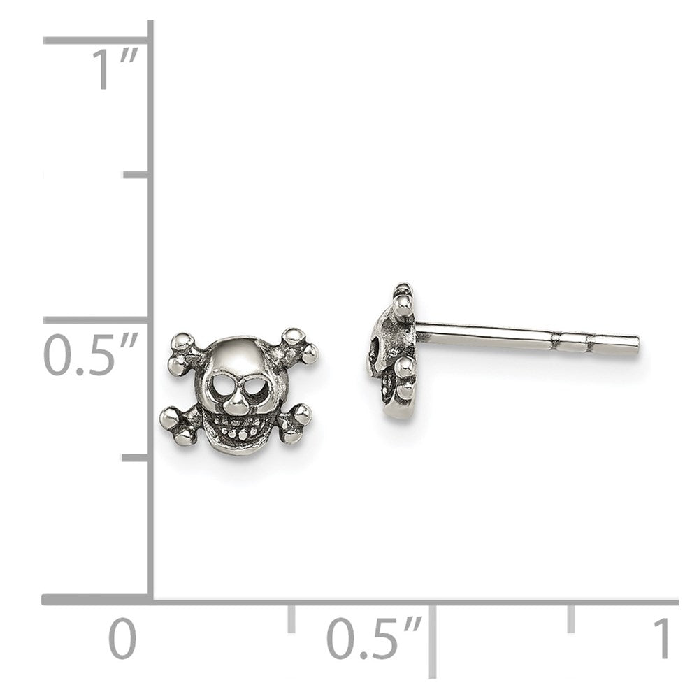 QE12962 Sterling Silver Polished and Antiqued Skull Post Earrings