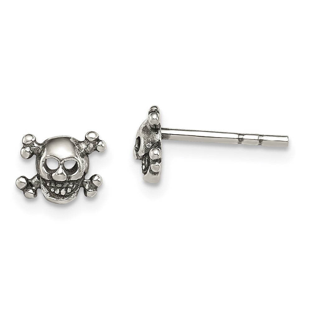 QE12962 Sterling Silver Polished and Antiqued Skull Post Earrings