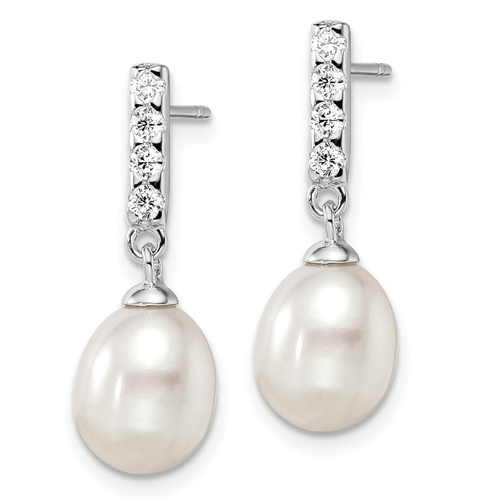 QE12968 Sterling Silver Rhodium-plated 8-9mm White Teardrop Freshwater Cultured Pearl and CZ Post Earrings