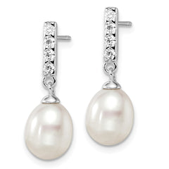 QE12968 Sterling Silver Rhodium-plated 8-9mm White Teardrop Freshwater Cultured Pearl and CZ Post Earrings