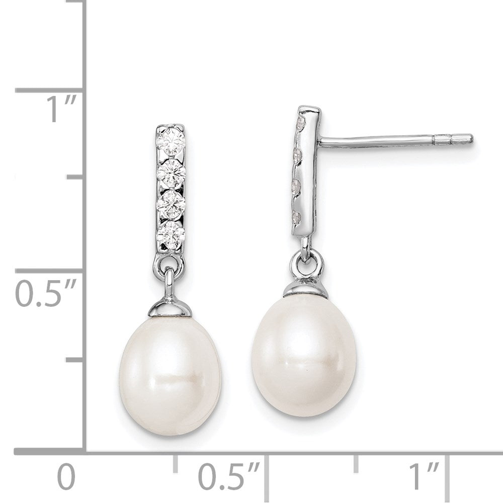 QE12968 Sterling Silver Rhodium-plated 8-9mm White Teardrop Freshwater Cultured Pearl and CZ Post Earrings