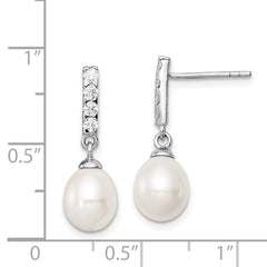 QE12968 Sterling Silver Rhodium-plated 8-9mm White Teardrop Freshwater Cultured Pearl and CZ Post Earrings
