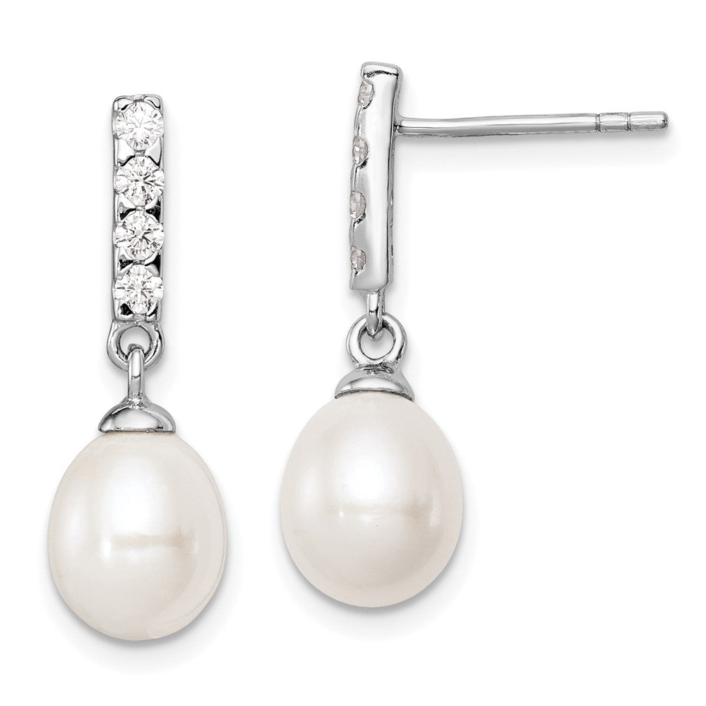 QE12968 Sterling Silver Rhodium-plated 8-9mm White Teardrop Freshwater Cultured Pearl and CZ Post Earrings