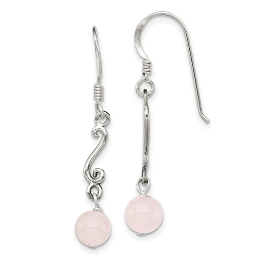 QE1296 Sterling Silver Polished & Antiqued Rose Quartz Swirl Dangle Earrings