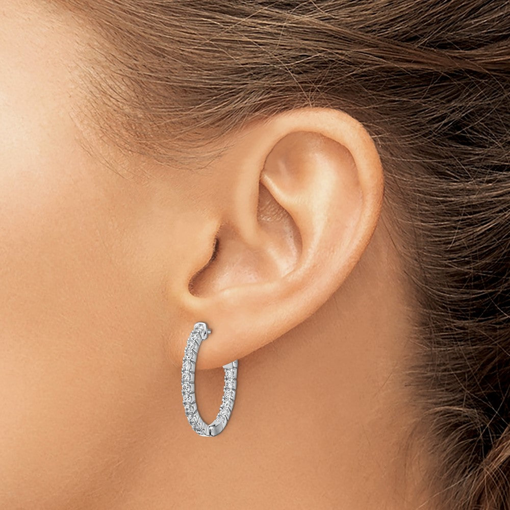 QE12989 Sterling Shimmer Sterling Silver Rhodium-plated 36 Stone 1.7mm CZ In and Out Oval Hinged Hoop Earrings