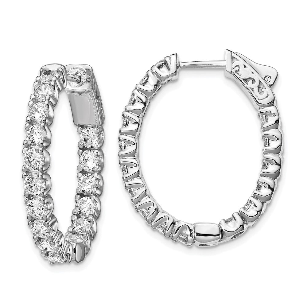 QE12990 Sterling Shimmer Sterling Silver Rhodium-plated 32 Stone 3.0mm CZ In and Out Oval Hinged Hoop Earrings