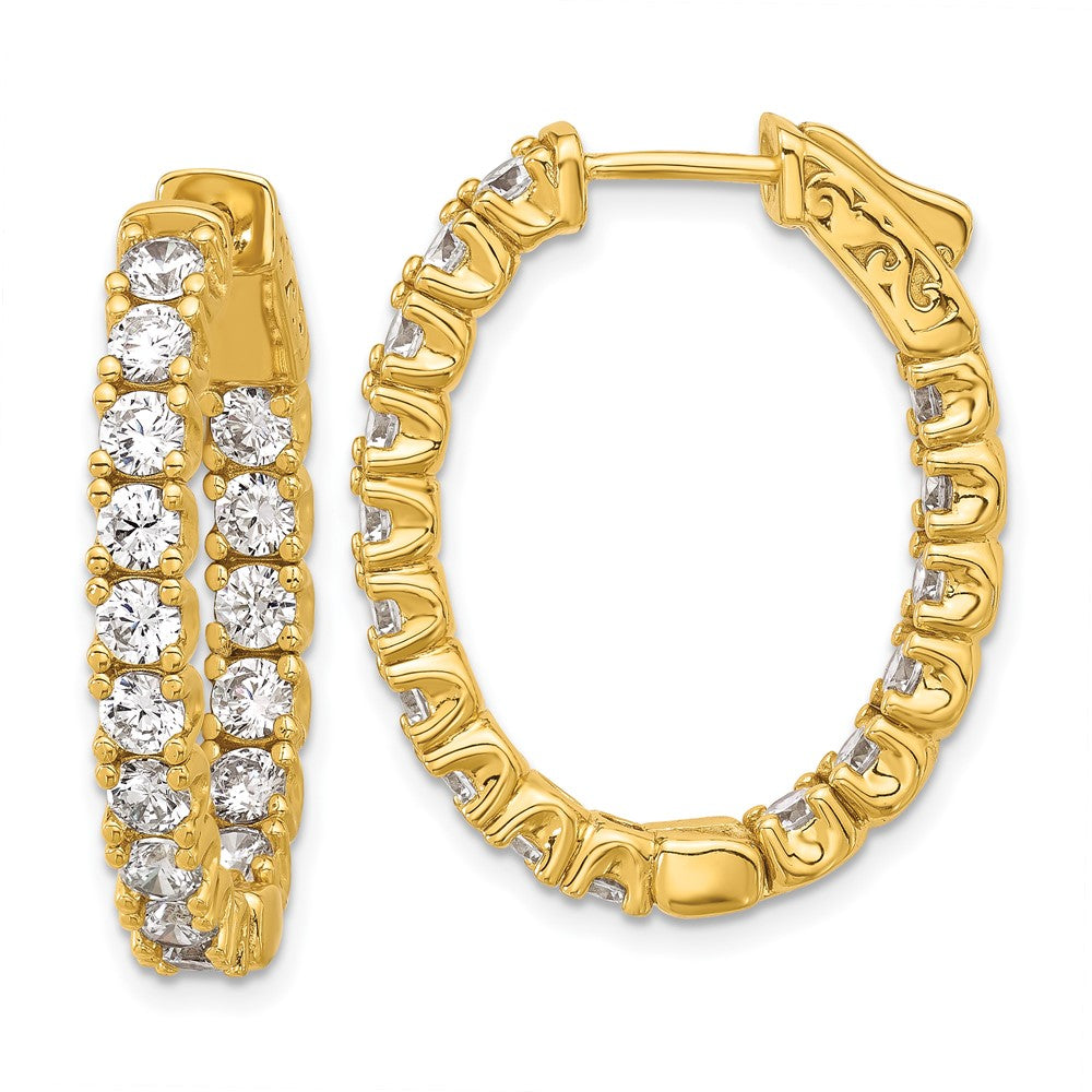 QE12990Y Sterling Shimmer Sterling Silver Gold-tone Flash Gold-plated 3mm CZ 32 Stone Oval In and Out Hinged Hoop Earrings