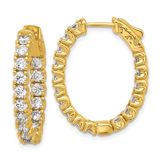 QE12990Y Sterling Shimmer Sterling Silver Gold-tone Flash Gold-plated 3mm CZ 32 Stone Oval In and Out Hinged Hoop Earrings