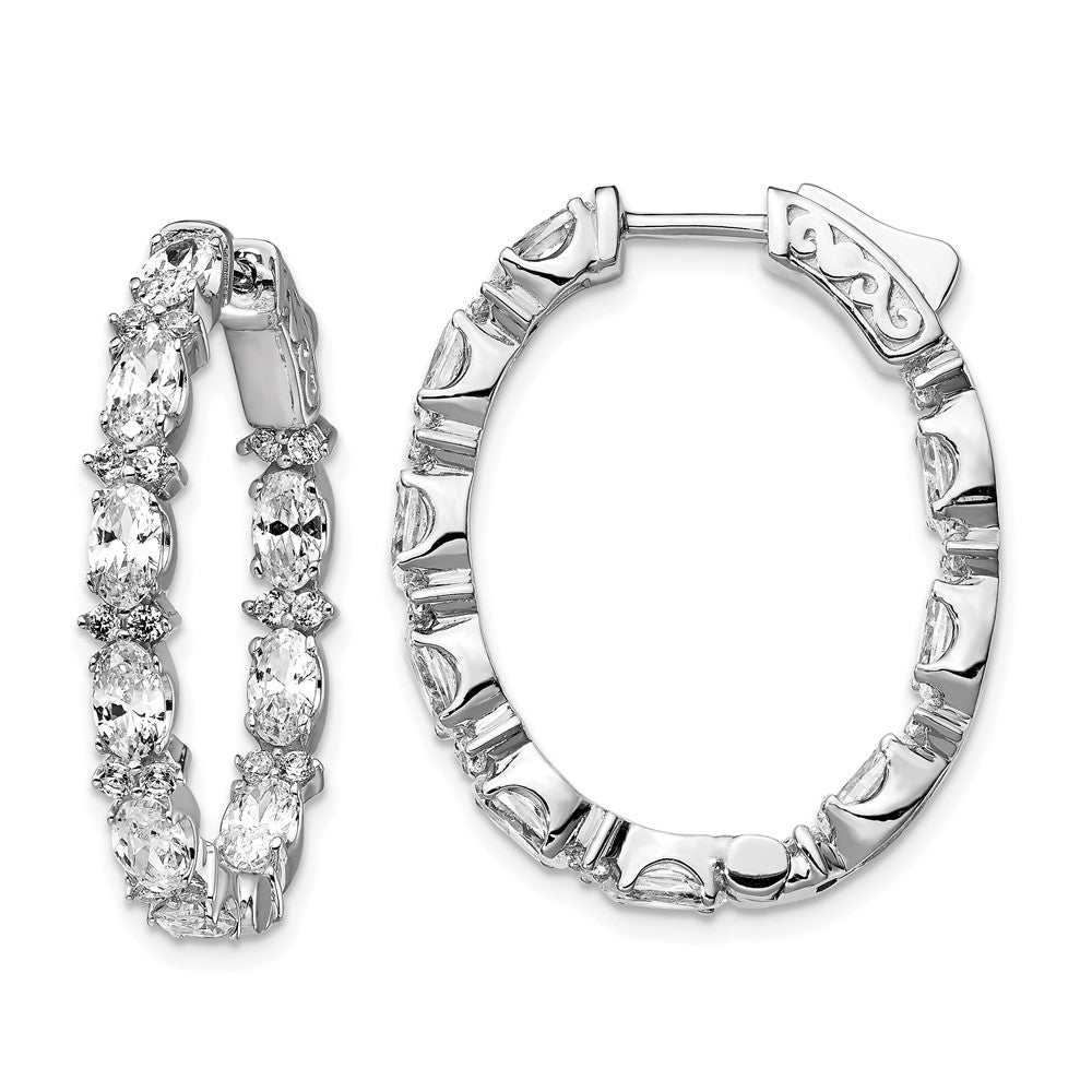 QE13002 Sterling Shimmer Sterling Silver Rhodium-plated 54 Stone CZ Fancy In and Out Oval Hinged Hoop Earrings