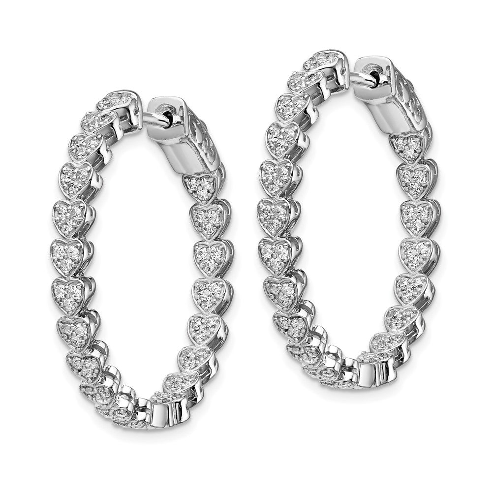 QE13015 Sterling Shimmer Sterling Silver Rhodium-plated 120 Stone Heart Shaped 1.2mm CZ In and Out Round Hinged Hoop Earrings