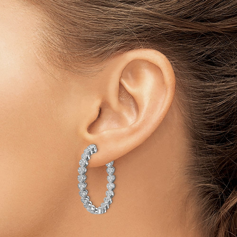 QE13015 Sterling Shimmer Sterling Silver Rhodium-plated 120 Stone Heart Shaped 1.2mm CZ In and Out Round Hinged Hoop Earrings